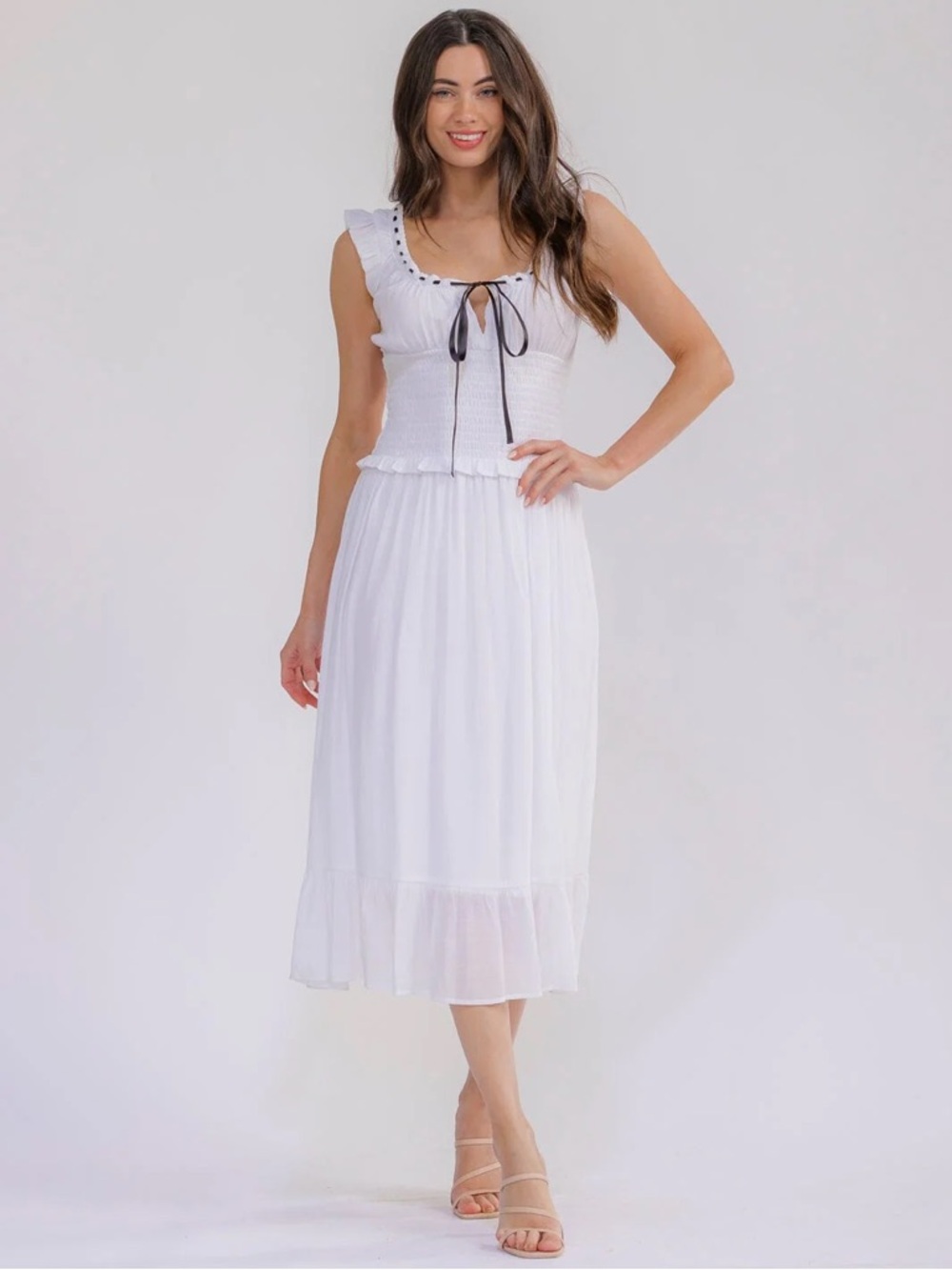 The Santorini Dress | White Smocked Bow Midi Dress